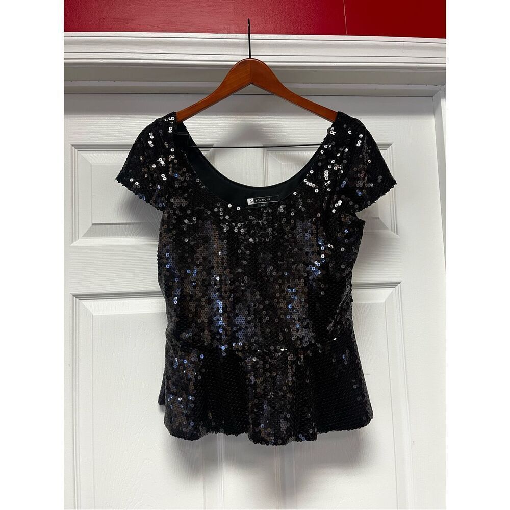 JS Boutique Black Sequin Peplum Cap Sleeve Formal Top sz L EUC